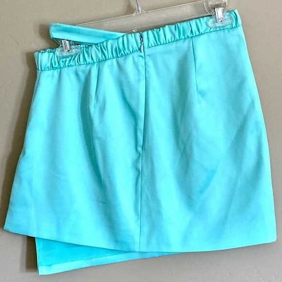 NEW For Love & Lemons Marie Asymmetrical Satin Aqua Side Slit Mini Skirt Size XS - Picture 8 of 15